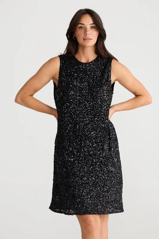 Brave and True Show Stopper Swing Dress Black Sequin Elegant Glitter Sequin