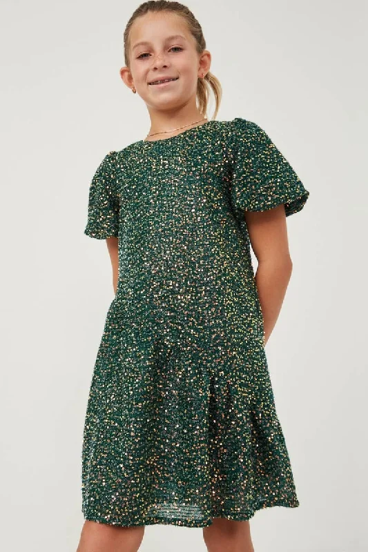 Girls Sequined Asymmetric Hem Puff Sleeve Dress Chic Sequin Dress