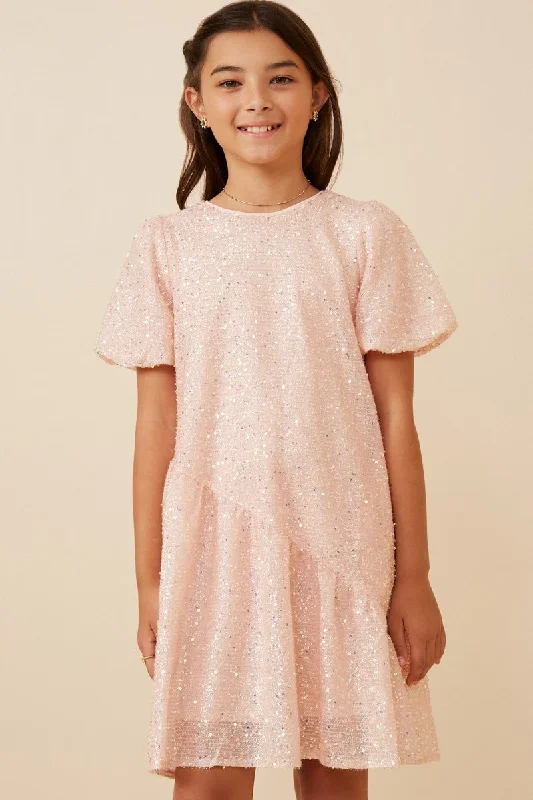 Girls Sequined Asymmetric Hem Puff Sleeve Dress Sequin Party Dress