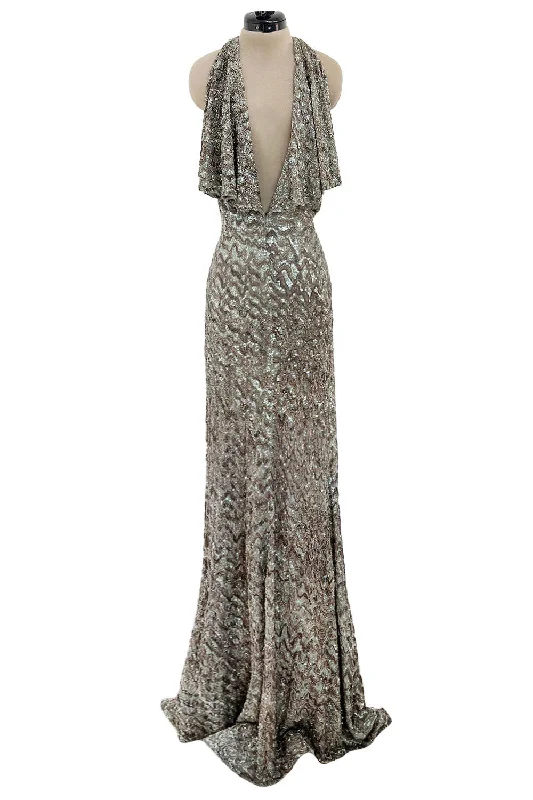 Incredible 2005 John Anthony Couture Runway Sample Heavily Beaded & Sequined Plunge Dress Ruffled Sequin Dress