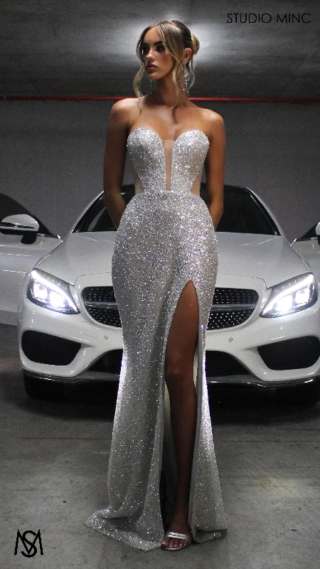 Luminous - Silver Formal Dress, Sequin beaded strapless corset net cut out backless lace up mermaid fishtail leg slit Sparkling Sequin Dress