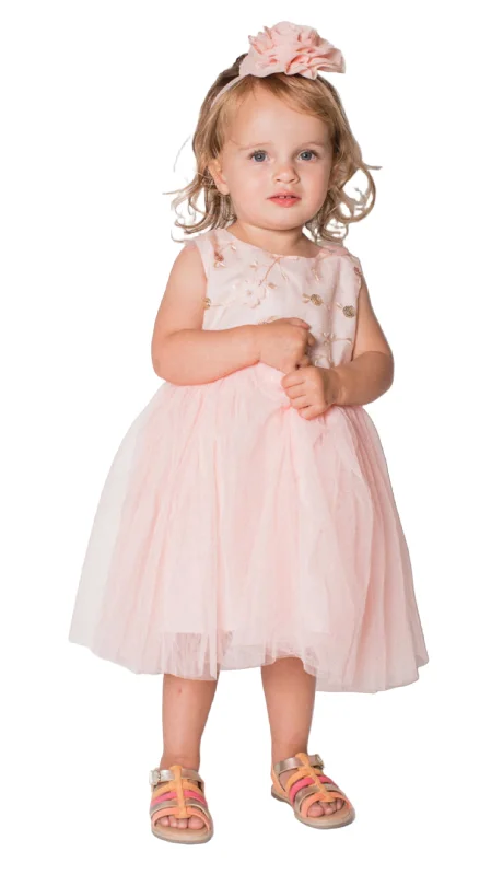 Popatu Baby Girl's & Little Girl's Peach Tulle Dress with Sequins Embellished Bodice Shiny Sequin Dress