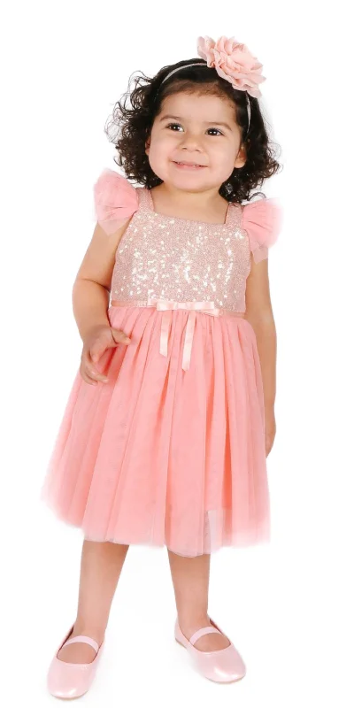 Popatu Baby Girls Coral Sequin Tulle Dress Hot Pink Sequin