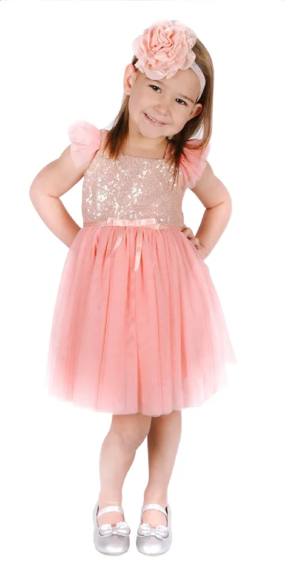 Little Girls Peach Gold Sequin Tulle Dress Shimmer Sequin Dress