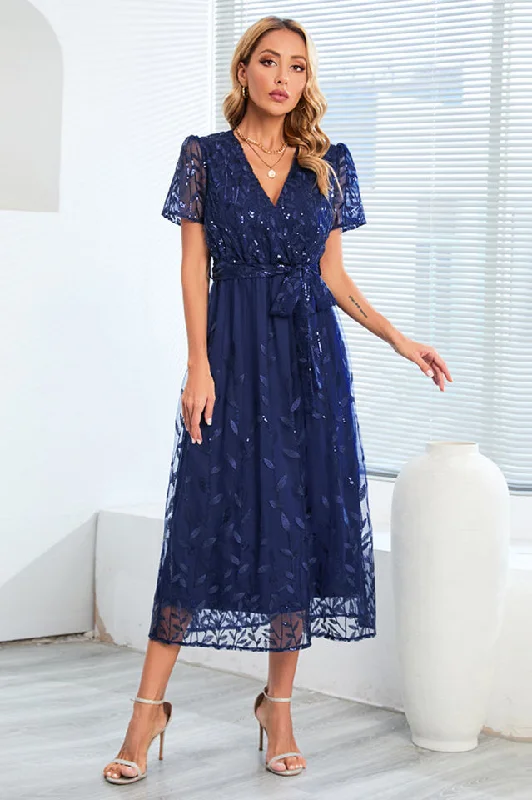 Sequin Leaf Embroidery Tie Front Dress Sequin Dress Twist