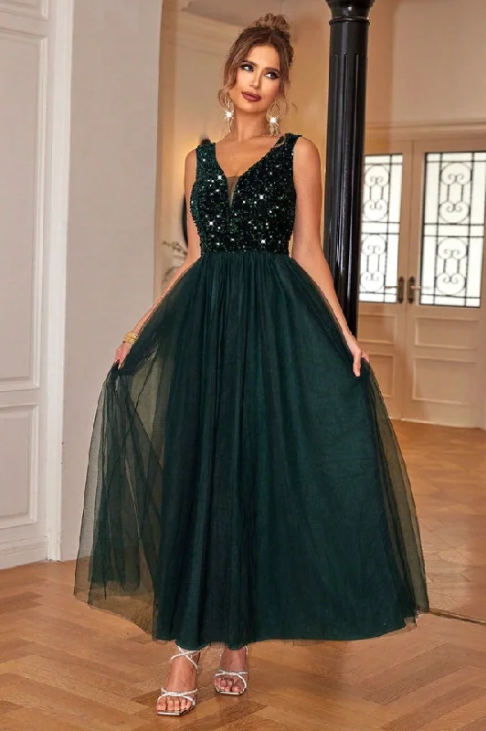 Sequin & Tulle A Line Formal Dress High Waist Sequin