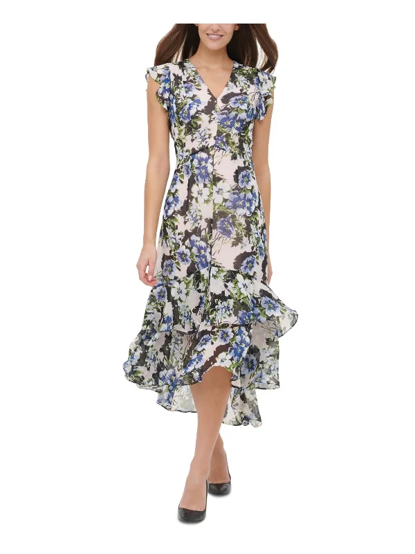 Womens Floral Ruffled Midi Dress Casual Midi Skirt