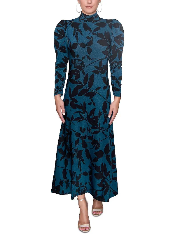 Womens Printed Puff Sleeves Midi Dress Denim Midi Skirt