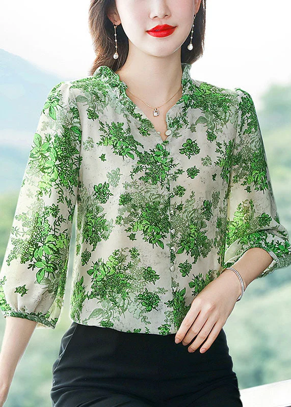 Art Green Ruffled Patchwork Print Chiffon Shirt Top Summer LY0473 Linen Shirt Dress