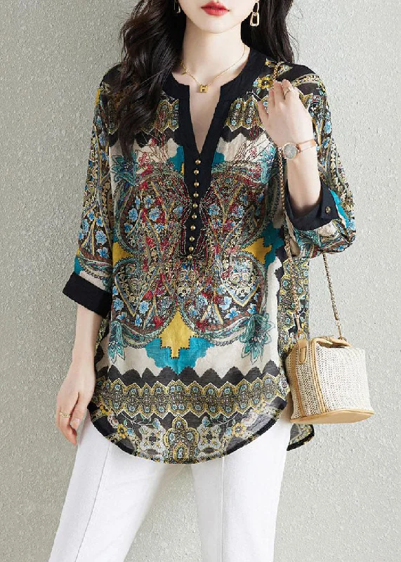 Black Print Patchwork Chiffon Shirt Tops V Neck Nail Bead Summer TQ1016 Office Shirt Dress