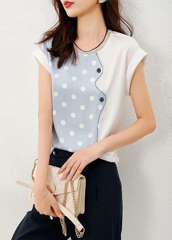 Blue Patchwork Print Dot Silk T Shirt O Neck Summer LY0085 Cute Shirt Dress