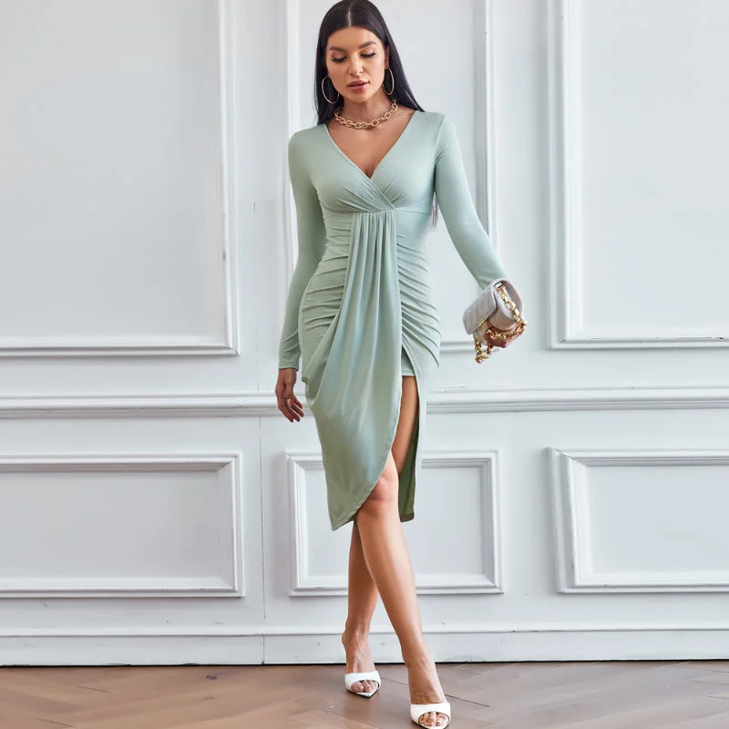 Casual Bodycon Long Sleeve V-Neck Knit Dress Long Sleeve Bodycon