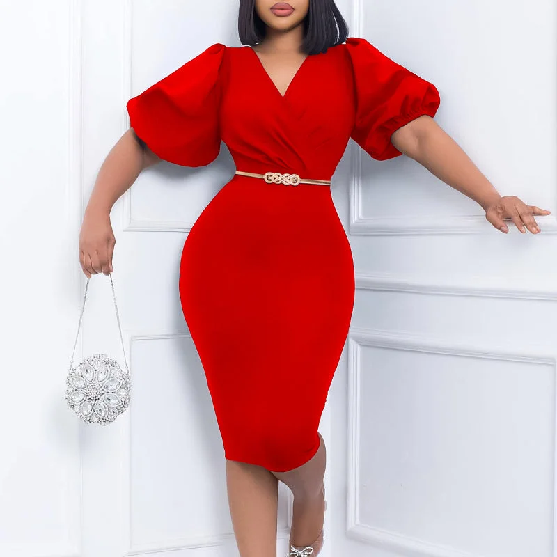 Chic Commuting Bubble Sleeve V-Neck Bodycon Dress Simple Bodycon Gown