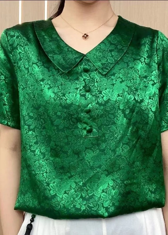 Chic Green Peter Pan Collar Print Patchwork Silk T Shirt Summer TI1032 Plaid Shirt Dress