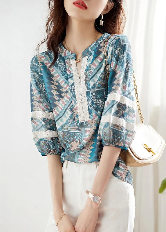 Elegant Blue V Neck Print Lace Patchwork Chiffon Shirt Top Summer TQ1018 Fashion Shirt Dress