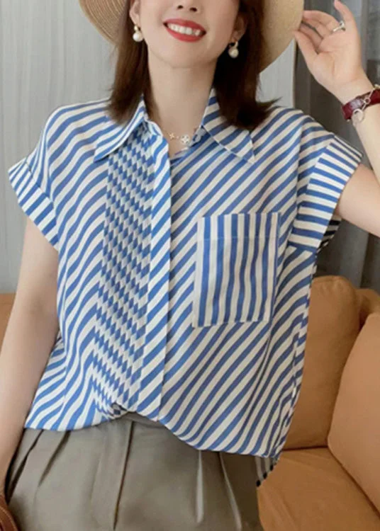 Fashion Blue Peter Pan Collar Striped Button Low High Design Silk Shirts  Summer LY0365 Boho Shirt Dress