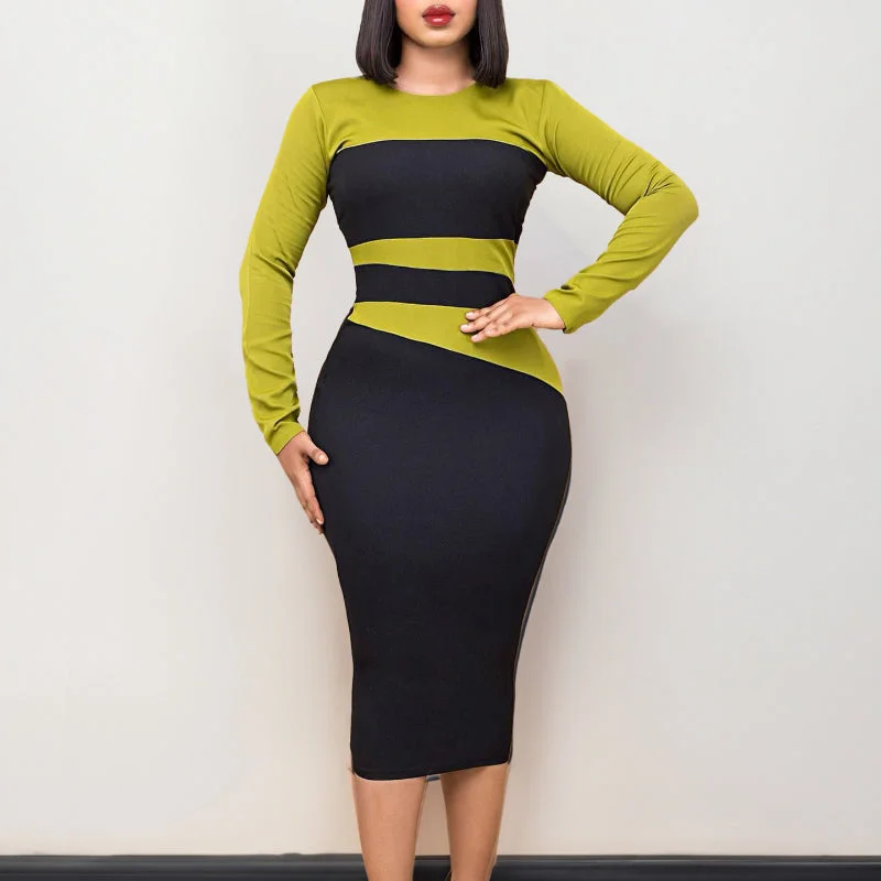 Fashionable and Elegant Color-Block Commuter Bodycon Dress Figure-hugging Bodycon Dress