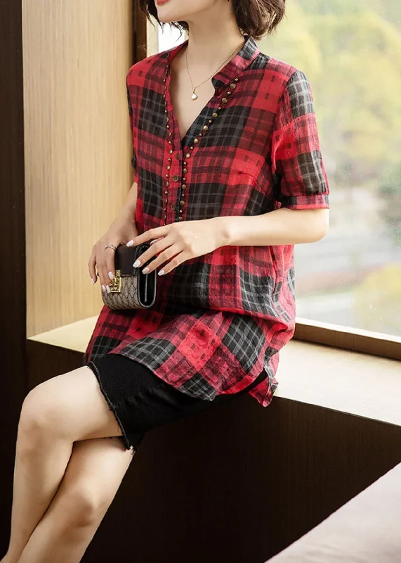 French Red V Neck Plaid Rivet Patchwork Cotton Shirts Summer TQ1028 Soft Shirt Dress