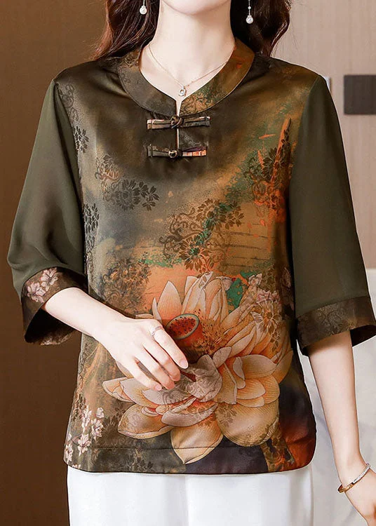 Green Patchwork Print Silk Shirt Oriental Button Summer LY0465 Summer Shirt Dress