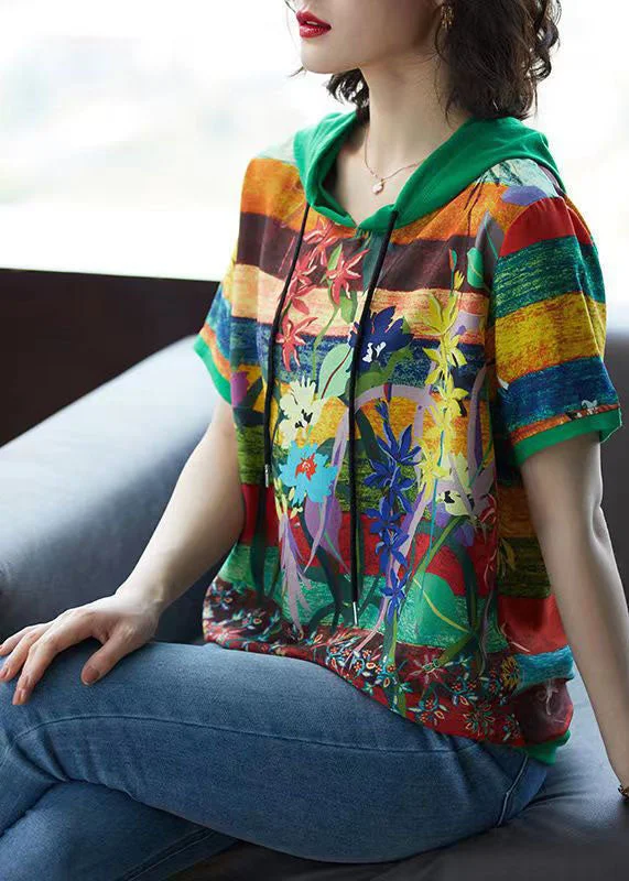 Green Print Patchwork Chiffon T Shirt Top Hooded Summer TQ1053 Day Shirt Dress