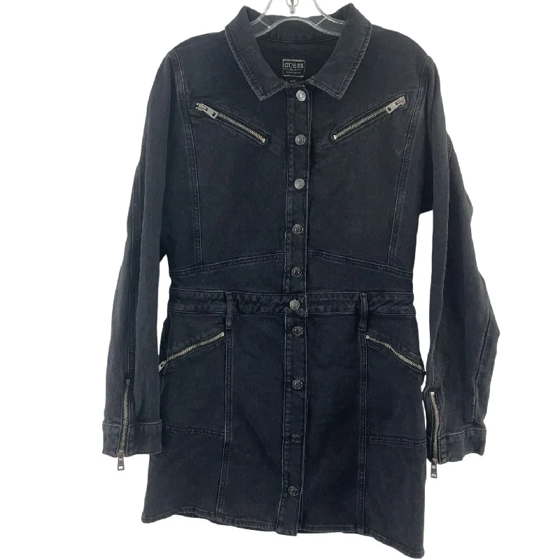 Guess Y2K Black Denim Button-Up Shirt Dress Womens Size L Cotton Blend Preowned Elegant Shirt Gown