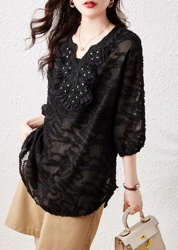 Loose Black Embroideried Nail Bead Patchwork Chiffon Shirt Tops Summer TQ1063 Classic Shirt Gown