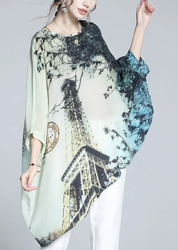 Loose Colorblock O-Neck Asymmetrical Print Silk Batwing Shirt Tops Summer LY0123 Long Shirt Dress