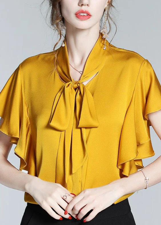 New Yellow Bow Ruffled Patchwork Silk Shirt Tops Summer LY0116 Sexy Shirt Dress