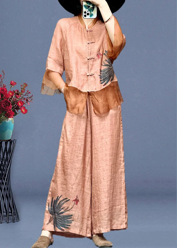 Pink Embroideried Button Linen Shirts And Wide Leg Pants Linen Summer TI1012 Blue Shirt Dress