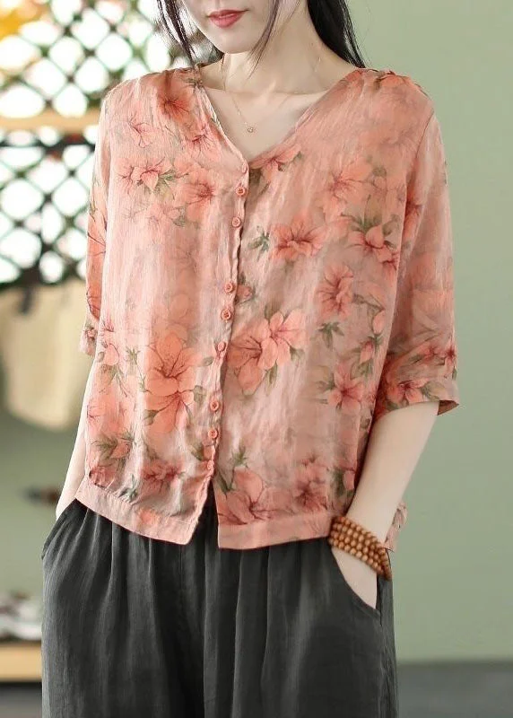 Pink Print Linen Shirt Tops V Neck Oversized Summer FR2002 Stylish Button Shirt