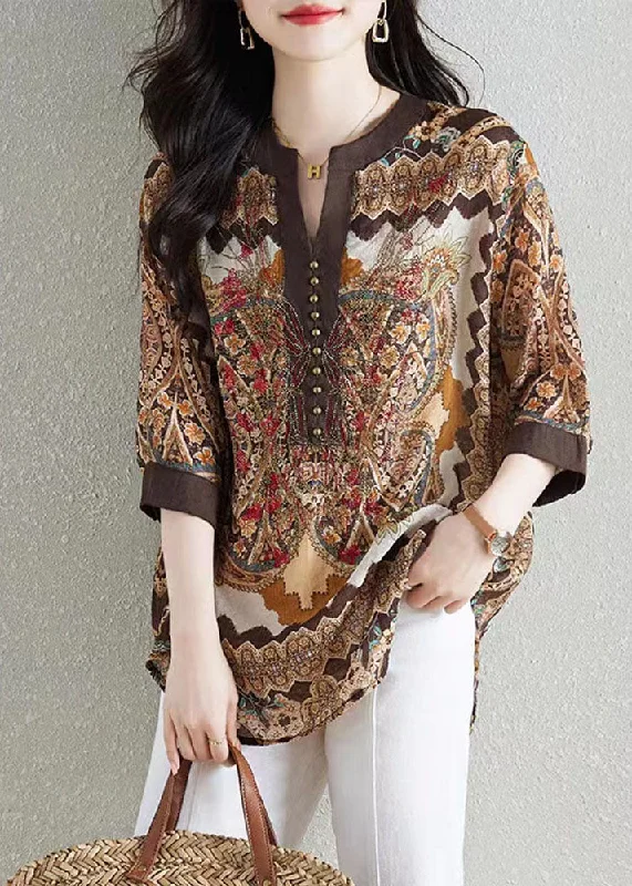 Style Khaki V Neck Print Patchwork Chiffon Shirt Tops Summer F4104 Silk Shirt Dress