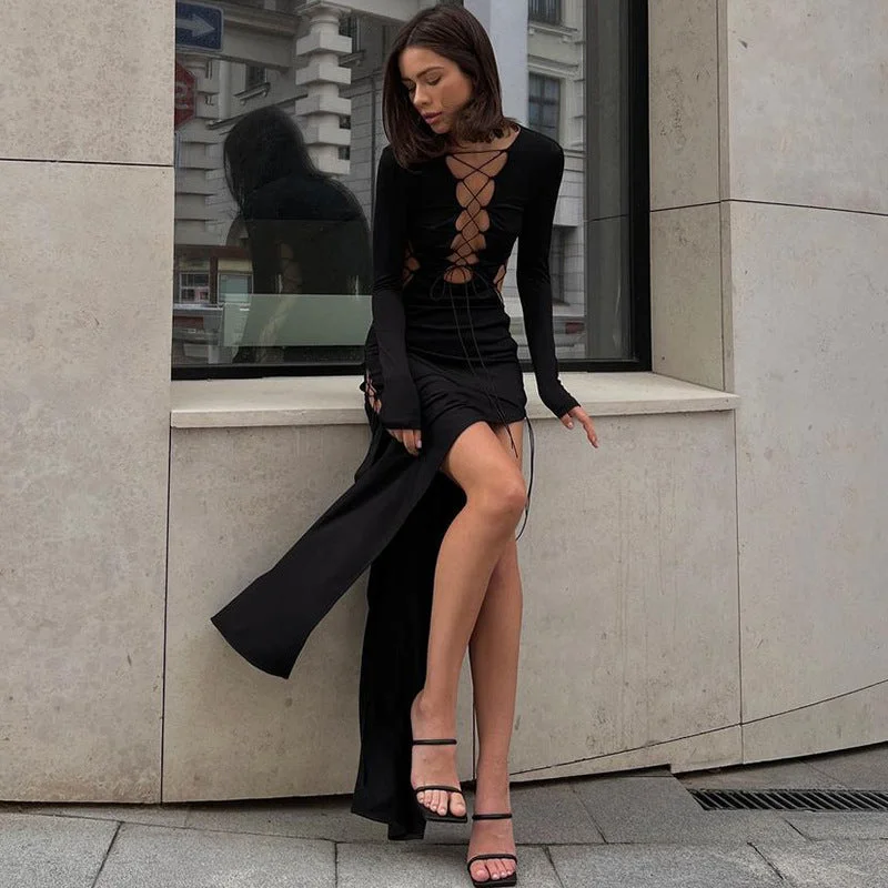 Sultry Hollow-Out Lace-Up Bodycon High Slit Long Sleeves Dress Night Out Dress