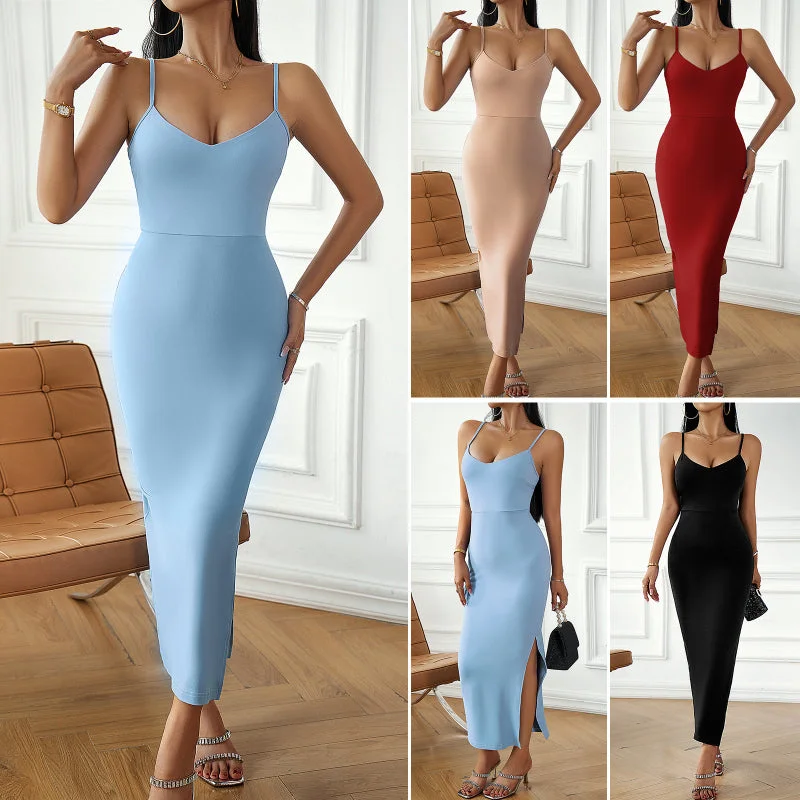 Sultry V-Neck Solid Color Bodycon Cami Dress Bodycon Dress Sleek