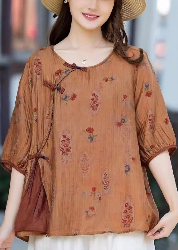 Vintage Camel O Neck Print Chinese Button Patchwork Cotton T Shirt Summer TP1022 Fit-and-Flare Shirt Dress