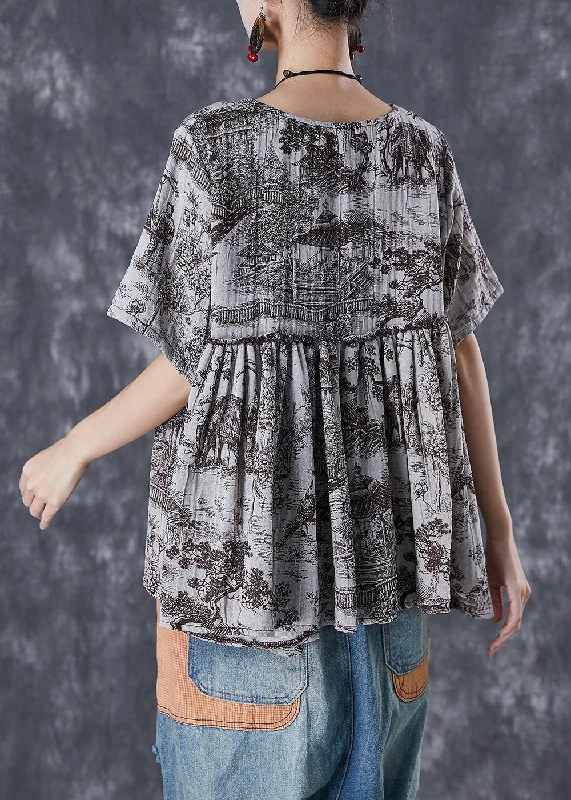 Vintage Oversized Inkwash Painting Print Linen Shirt Tops Summer TD1056 Pleated Shirt Gown