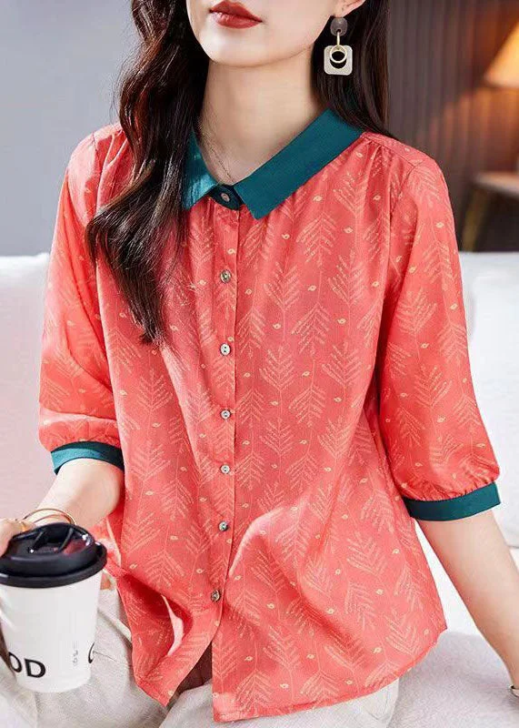 Vintage Red Peter Pan Collar Print Patchwork Linen Shirts Top Summer TP1037 Button-up Shirt Dress