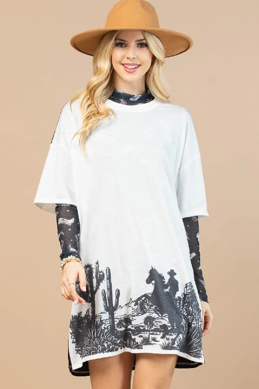 Western Graphic Color Block T-Shirt Dress Button-up Shirt Dress