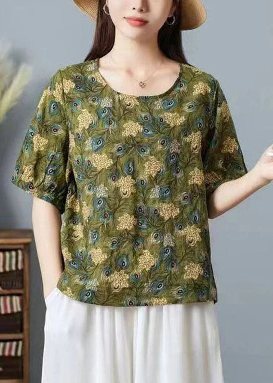 Women Green O Neck Print Patchwork Cotton T Shirt Top Summer TP1031 Casual Shirt Dress