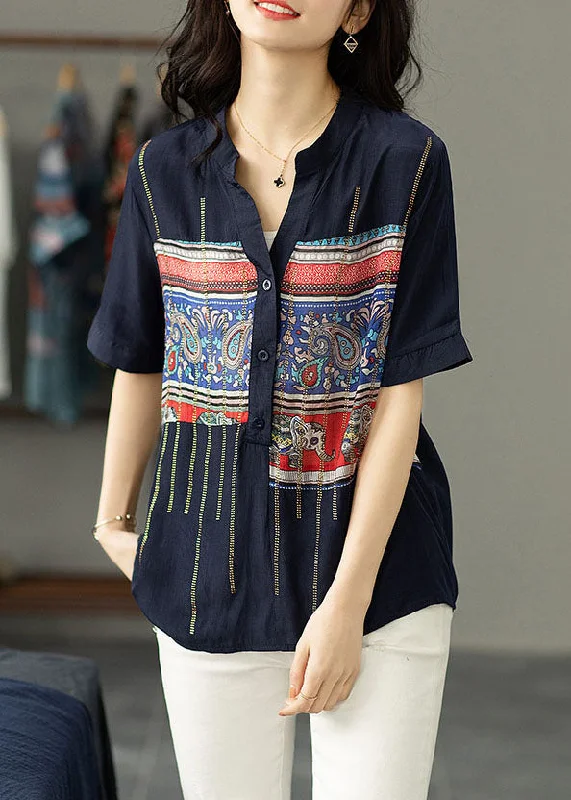 Women Navy Print Zircon Patchwork Cotton Shirt Tops Summer TP1041 Classic Shirt Dress