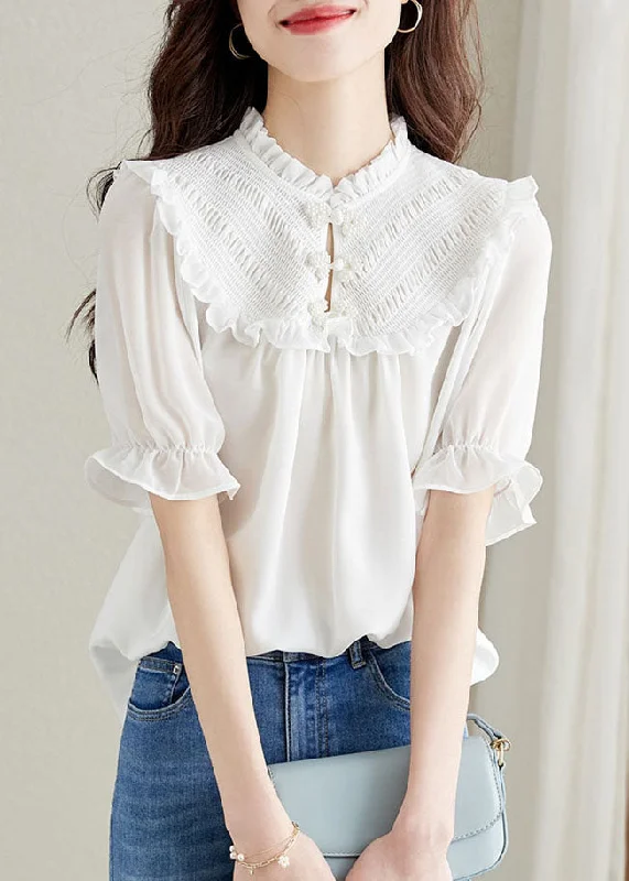 Women White Ruffled Chinese Button Patchwork Chiffon Shirt Top Summer TQ1059 Printed Button Shirt