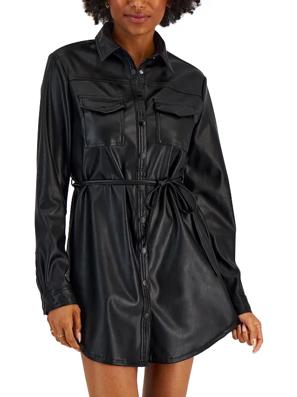 Womens Faux Leather Snap Front Shirtdress Chic Shirt Dress