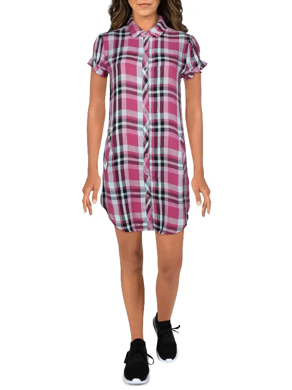 Womens Linen Blend Plaid Shirtdress Stylish Button Shirt