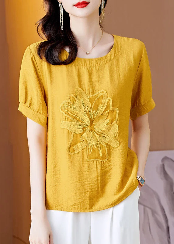 Yellow Patchwork Linen T Shirt Embroideried Wrinkled Summer LY0464 Chic Shirt Dress