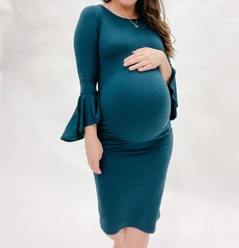 Bell Sleeve Bodycon Maternity Dress In Evergreen Simple Bodycon Gown